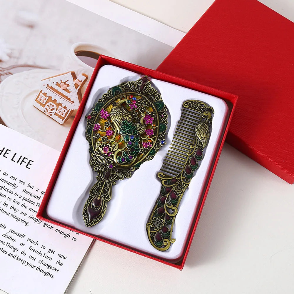 Peacock Embossed Metal Vanity Mirror & Comb Set – 2 Pcs Vanity Mirror Set Oasis Select Green