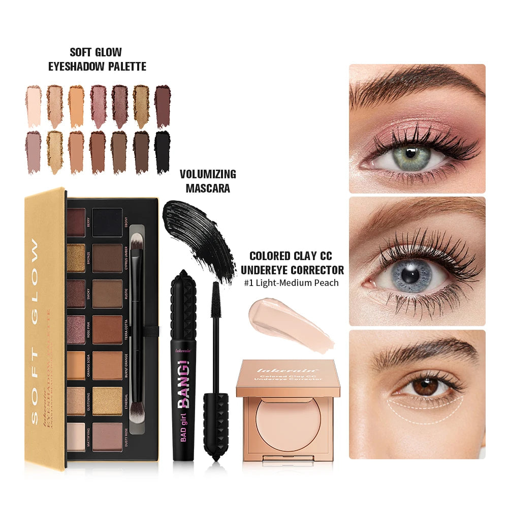 3pcs/set CC Full Coverage Undereye Color Corrector Glow Eyeshadow Palettes Volumizing Mascara Lasting Beauty Eyes Makeup Kit Oasis Select