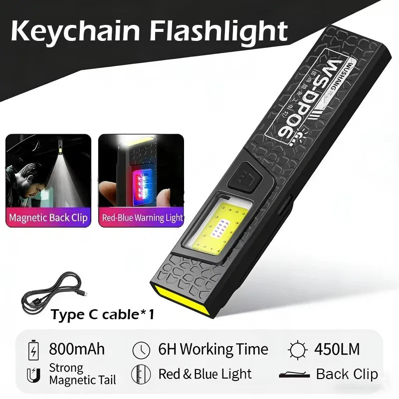 Mini COB LED Flashlight USB-C Rechargeable Magnetic Clip Pocket Lamp