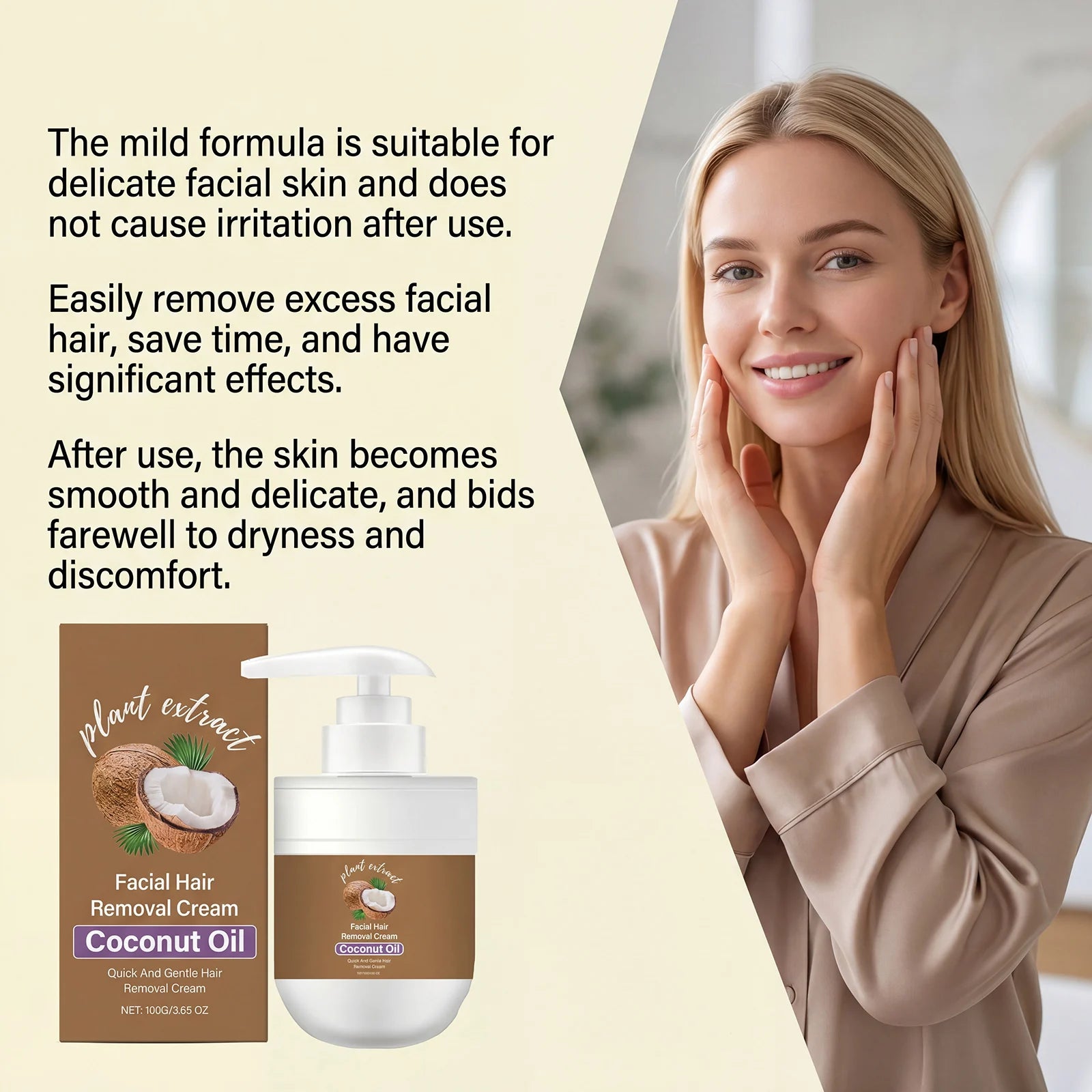Coconut Hair Removal Cream Painless Depilation Quick & Gentle Long Lasting Moisturizing & Soothing Redness Hair Growth Inhibitor Oasis Select