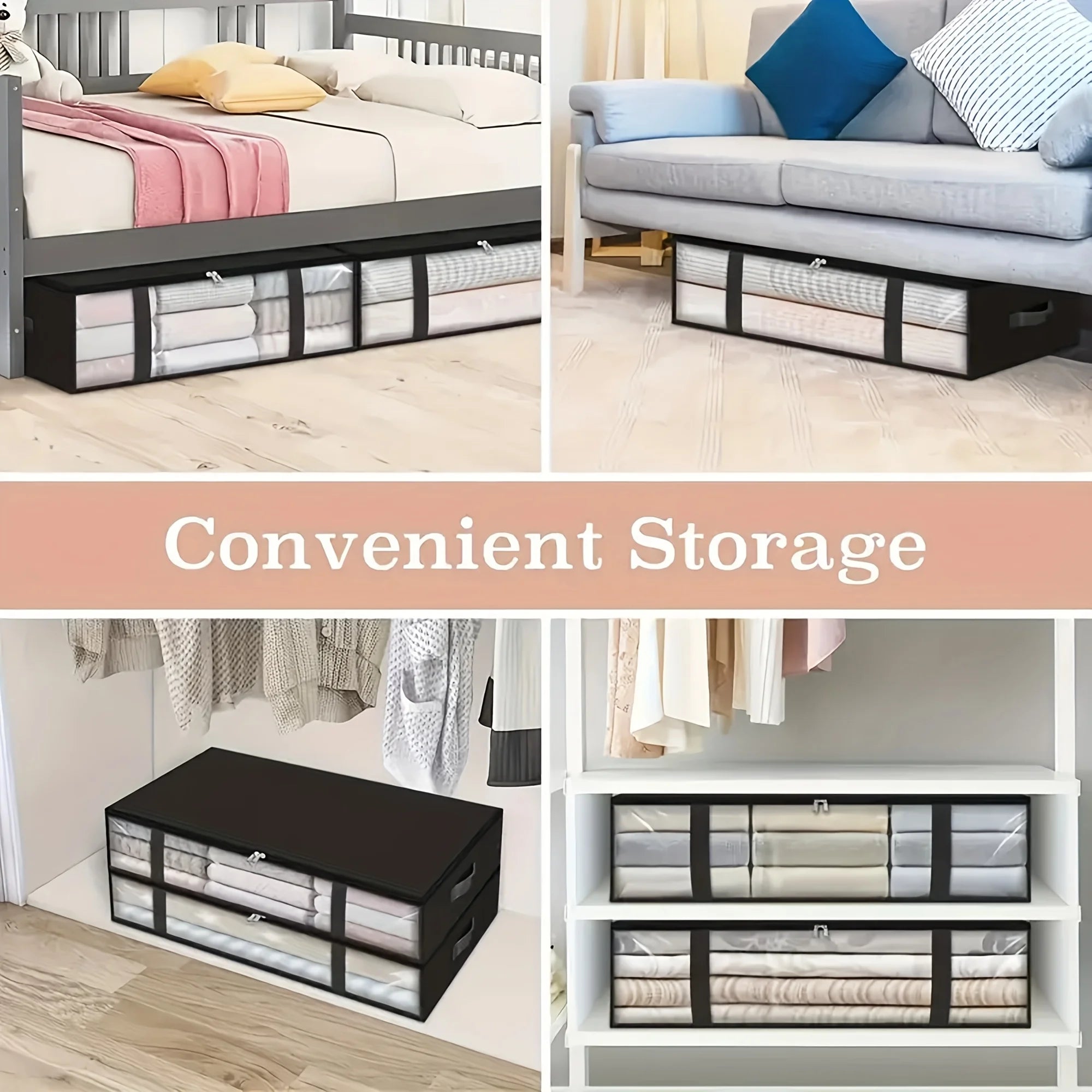 2pcs Large Under Bed Storage Bags Non-woven Clothes Organizer Clear Window Reinforced Handles for Comforters Blankets Bedding Oasis Select
