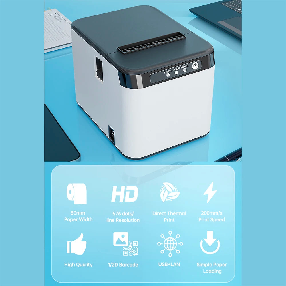 80mm Receipt Printer ESC/POS Thermal Printer Desktop Direct Print USB+LAN Connection High Efficiency with Auto Cutter LargePaper Oasis Select