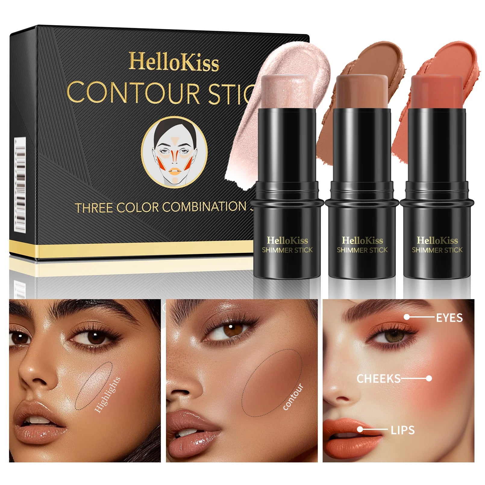 3-in-1 Cream Contour, Highlighter & Blush Stick Set with Brush