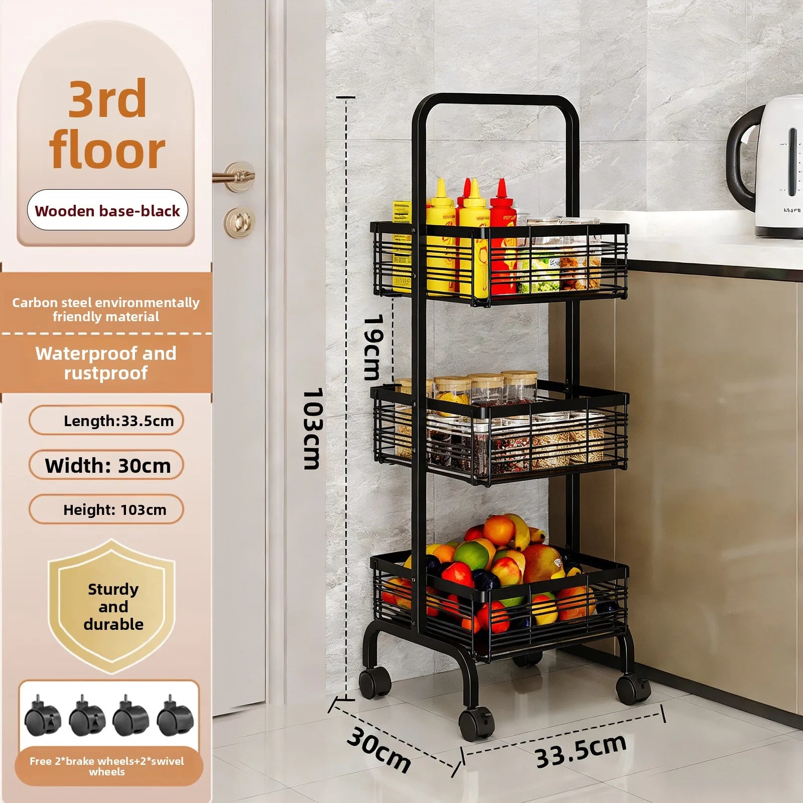 Kitchen Multifunctional Shelf Mobile Square Snack Toy Storage Rack Multi-layer Floor Household Fruit and Vegetable Cart Oasis Select Black wooden board
