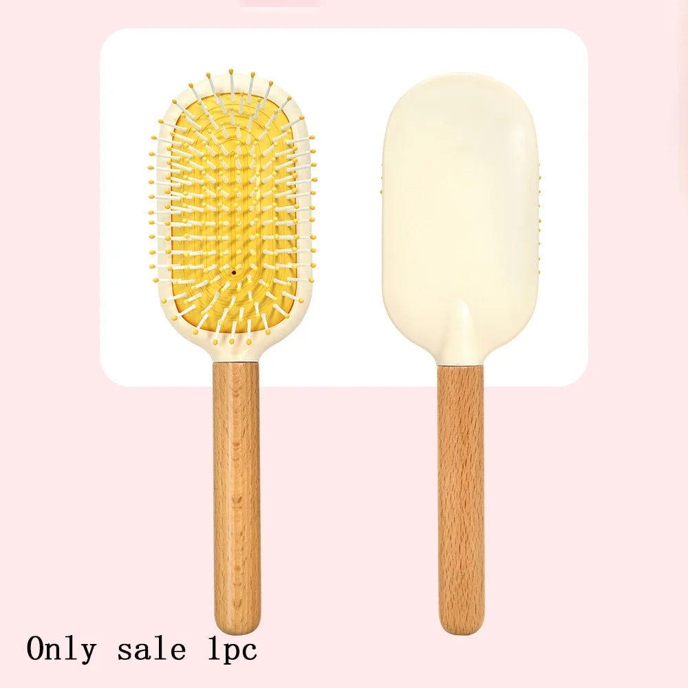 Pastel Air Cushion Hair Brush – Oak Wood Handle & Soft Bristles Hair Brush Oasis Select S8621-yellow-02