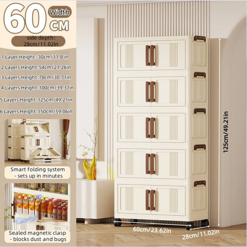 Foldable storage cabinet - movable multi-level double-door storage cabinet - living room and kitchen transparent storage box Oasis Select 5 Tier Cream