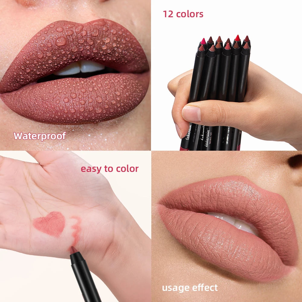 12 Colors Matte Lipliner Pencil Red Contour Tint Lipstick Waterproof Long Lasting Non-stick Cup Moisturising Lips Makeup Oasis Select