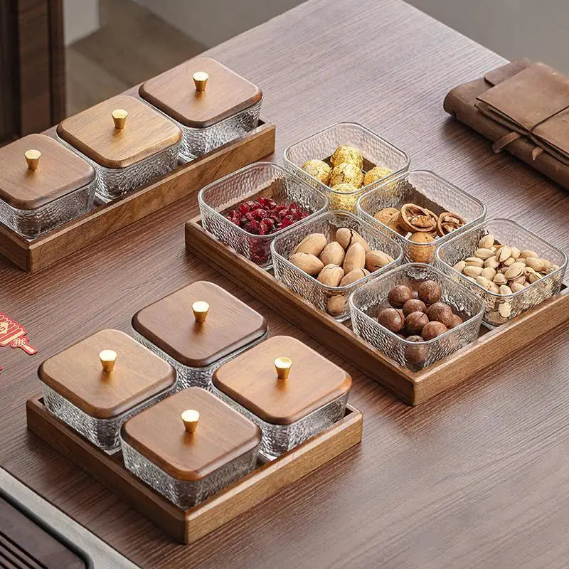 High-grade Solid Wood Glass Fruit Tray Bowl Household Living Room Tea Table Points Snack Candy Dry Fruit Tray Snack Nut Box Oasis Select