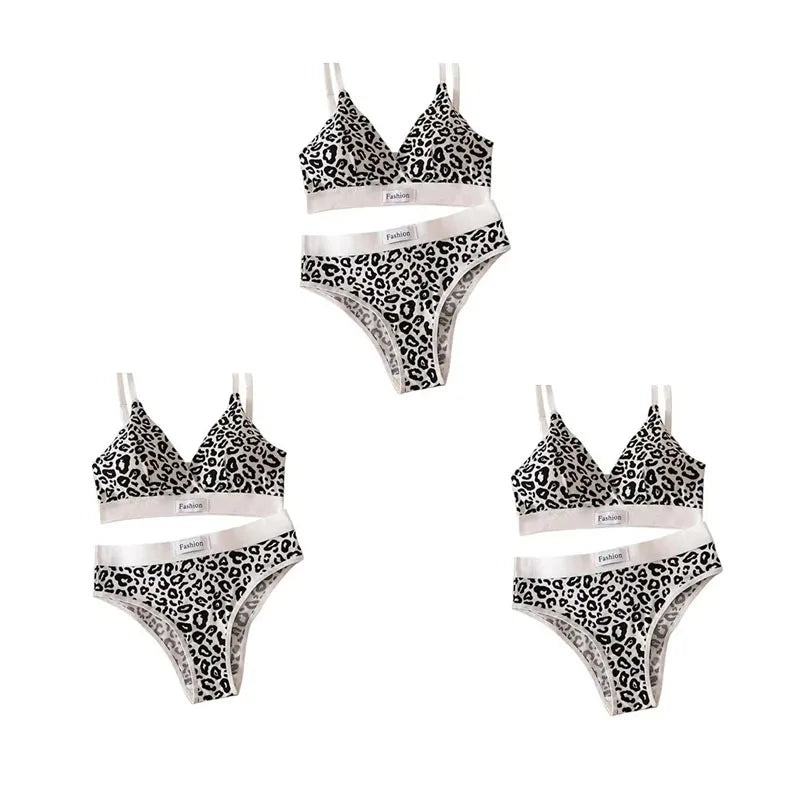 1-4pcs Summer Set New Women's Leopard Print Traceless and Steel Rim Bra Adjustable Shoulder Strap Back Women's Underwear Set Oasis Select Black 3 set One Size