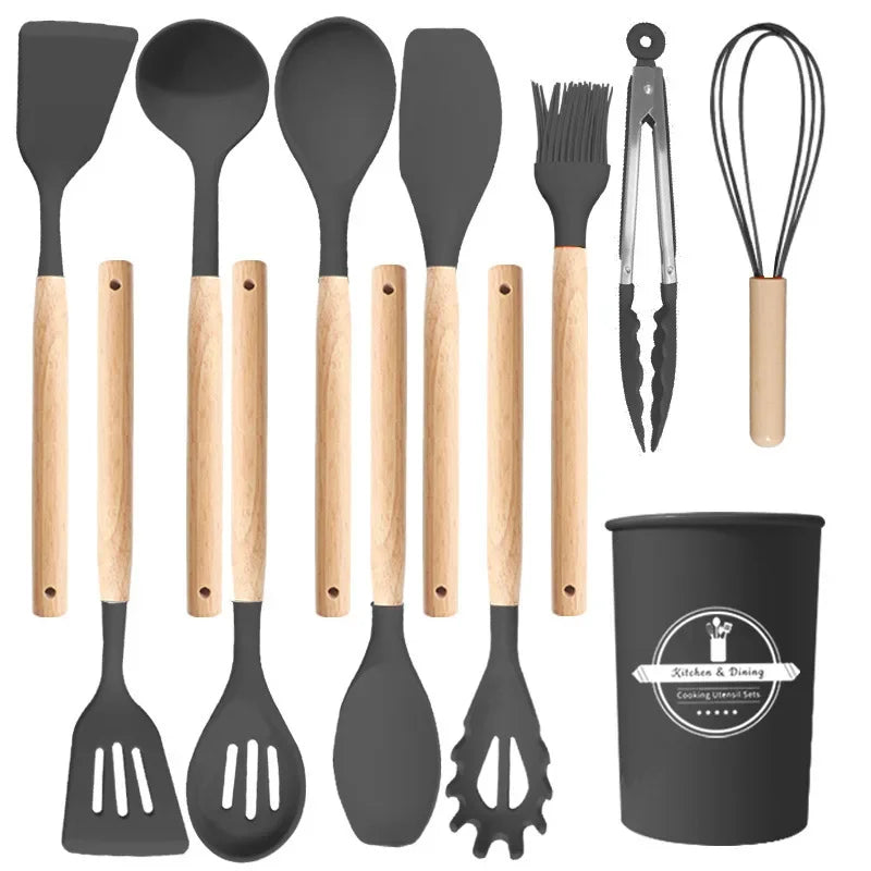 12Pcs Silicone Utensils Set Non-Stick Cookware Spatula Shovel Egg Beaters Wooden Handle Kitchenware Home Kitchen Cooking Tools Oasis Select Dark Grey 12PCS