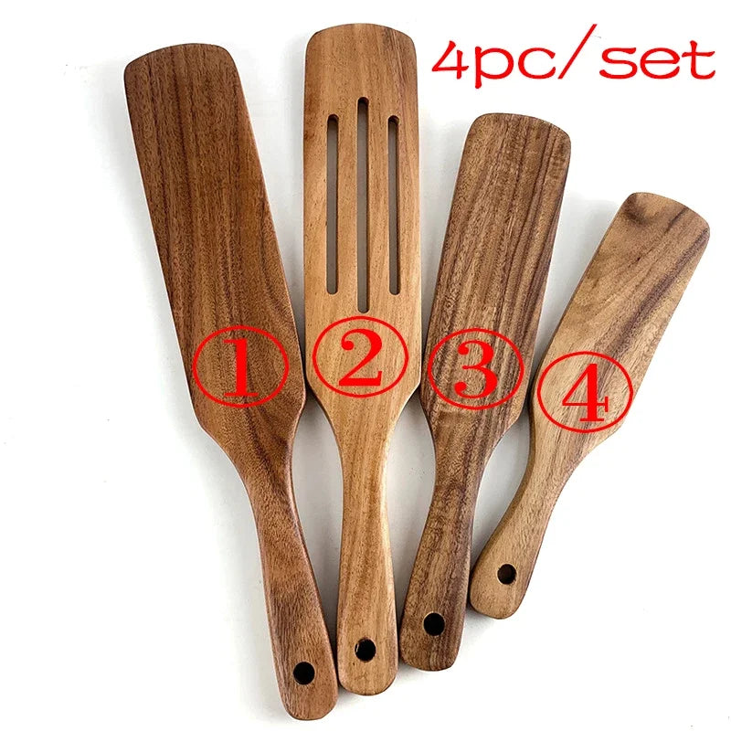 7pcs/set Teak Natural Wood Tableware Spoon Ladle Turner Rice Colander Soup Skimmer Cooking Spoon Scoop Kitchen Reusable Tool Kit Oasis Select shovel 4PC
