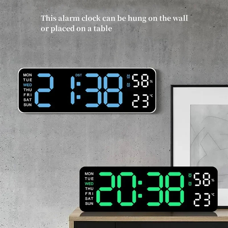 9 Inch Large Digital Wall Clock with Temperature Humidity Display,Auto Dimmer,USB Powered,12/24H LED Alarm Clock for Home Office Oasis Select
