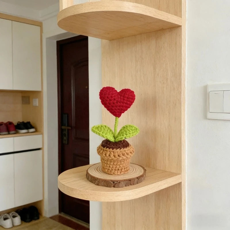 Handmade Knitted Flower Pot Red Heart Shaped Knit Imitation Potted Plant for Mother's Day Gifts Home Desktop Decor Oasis Select