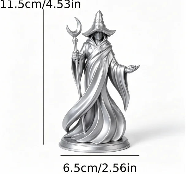 Gothic Faceless Wizard Miniature Figurine 3D Printed Moon Staff Cloaked Mage Statue Home Tabletop Bookshelf Ornament Decor Gifts Oasis Select Wizard Silver