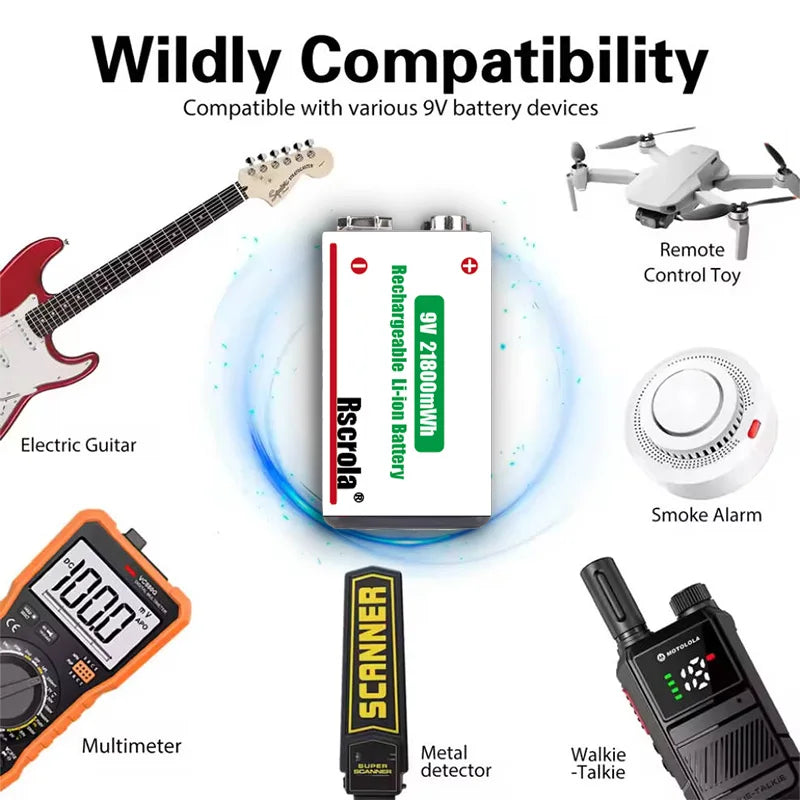 9V Lithium ion Rechargeable Battery 21800mWh High Capacity Long-Lasting for Guitar Microphone Smoke Detector Pedal with Cable Oasis Select