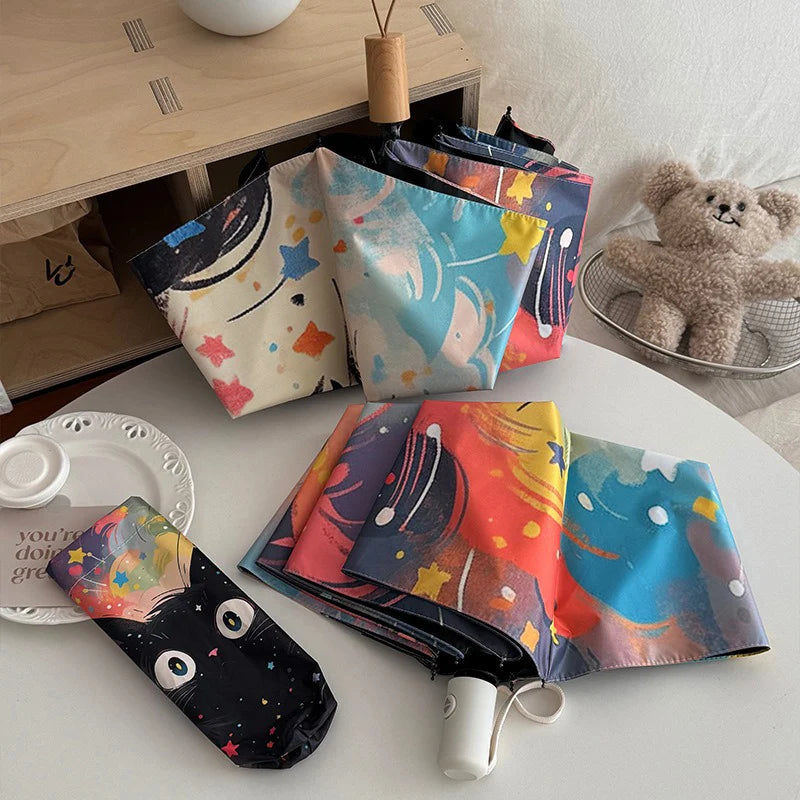 Cute Star Kitten Sunscreen Umbrella Women's Weather Umbrella UV Resistant Sun Umbrella Automatic Portable Folding Umbrella Oasis Select