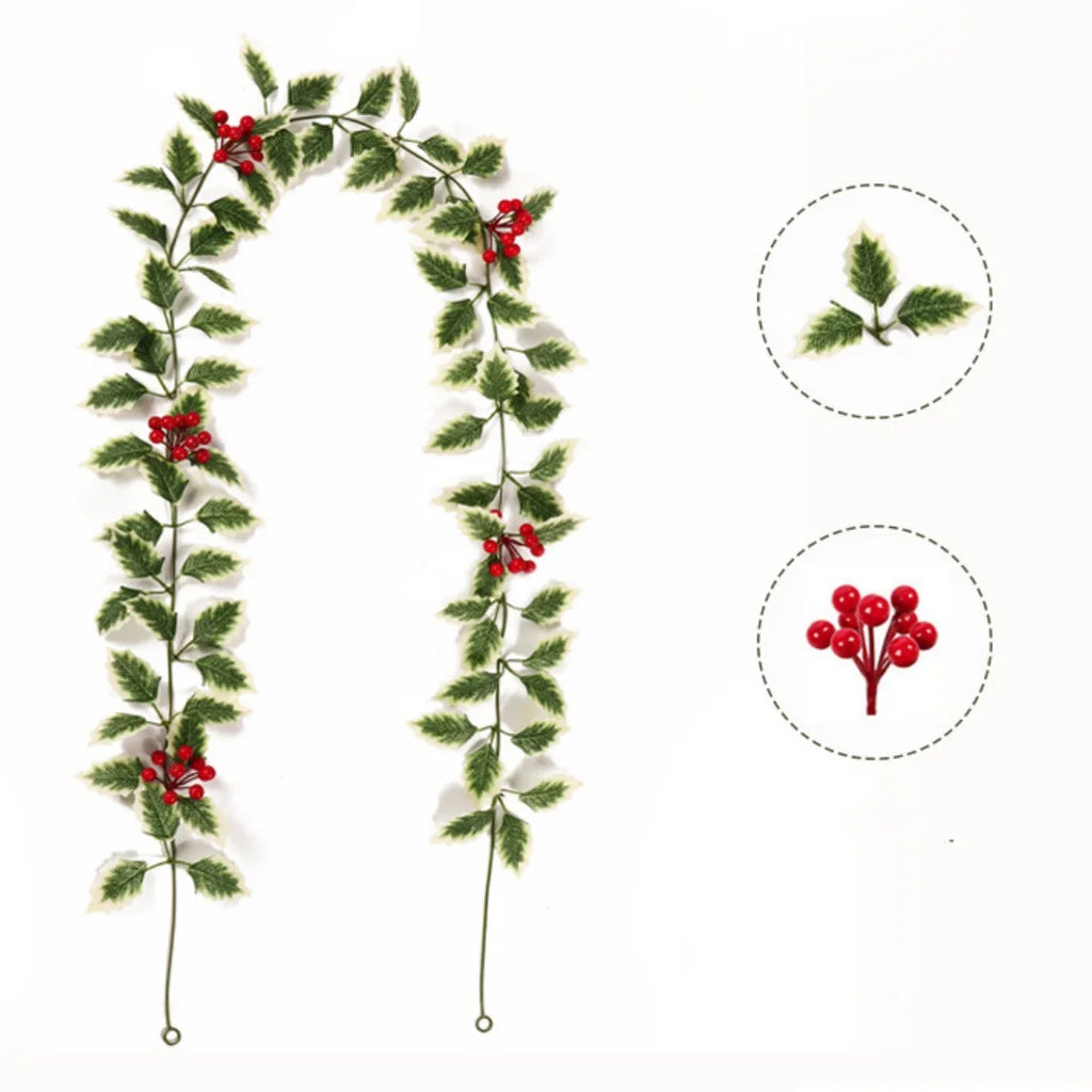 2M Christmas Garland String Light Artificial Red Berry Holly Leaves DIY Rattan Wreath For Xmas New Year Holiday Home Decoration Oasis Select