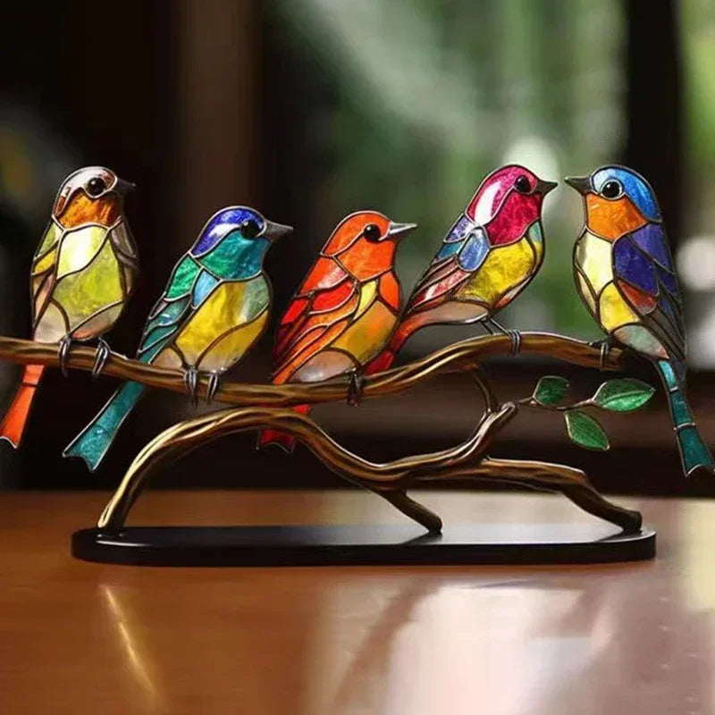 Multicolor Birds Stained Acrylic Birds on Branch Desktop Ornaments Double Sided Multicolor Style Craft Statue Ornaments Oasis Select