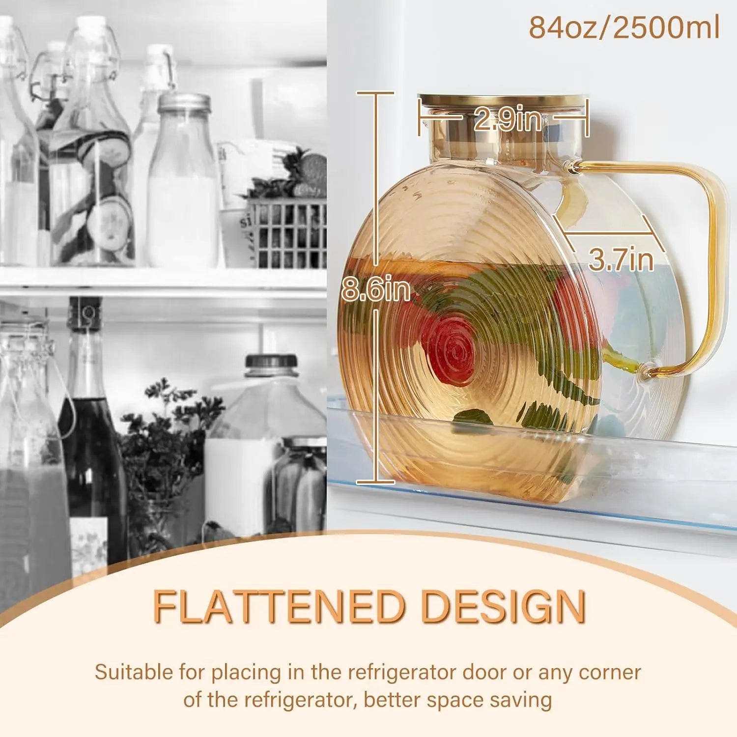 Snail Glass Pitcher 2.5L 84oz Large Iced Tea Pitcher with Handle Lids for Fridge Door Water Jug Sun Tea Bottles Cold Water Cups Oasis Select