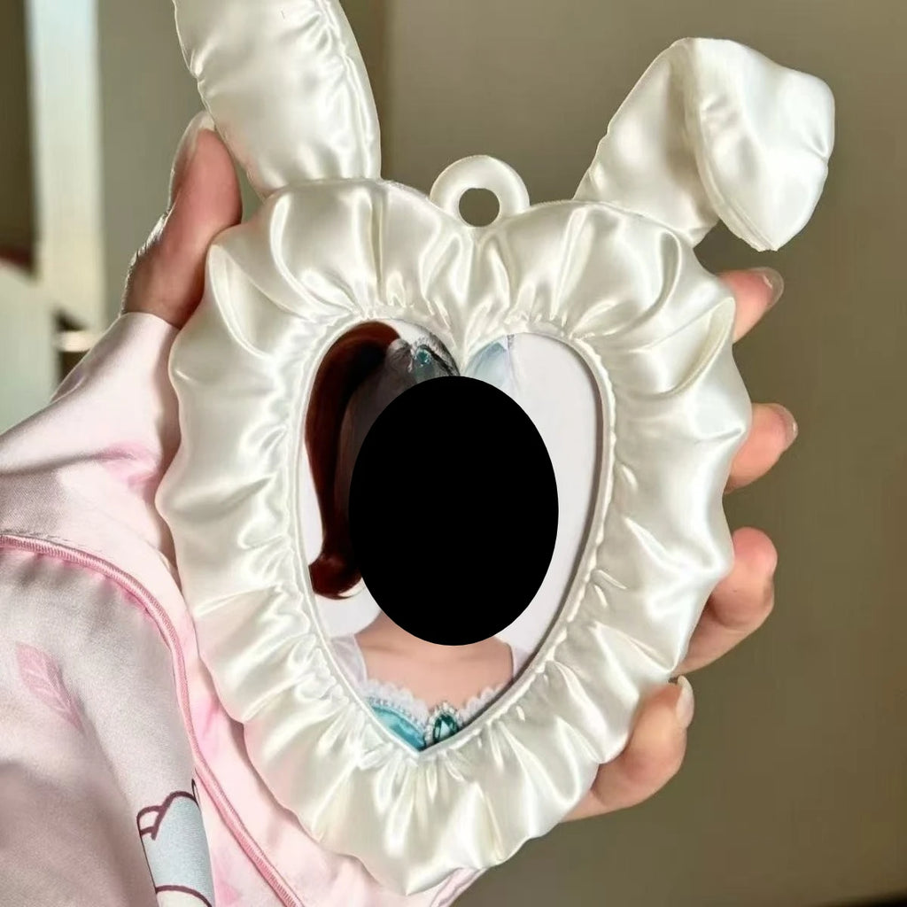 Cute Rabbit Ear Heart-shaped Photo Booth Silk Satin Idol Photo Frame PLA Material Style Card Holder Keychain Photo Display Frame Oasis Select