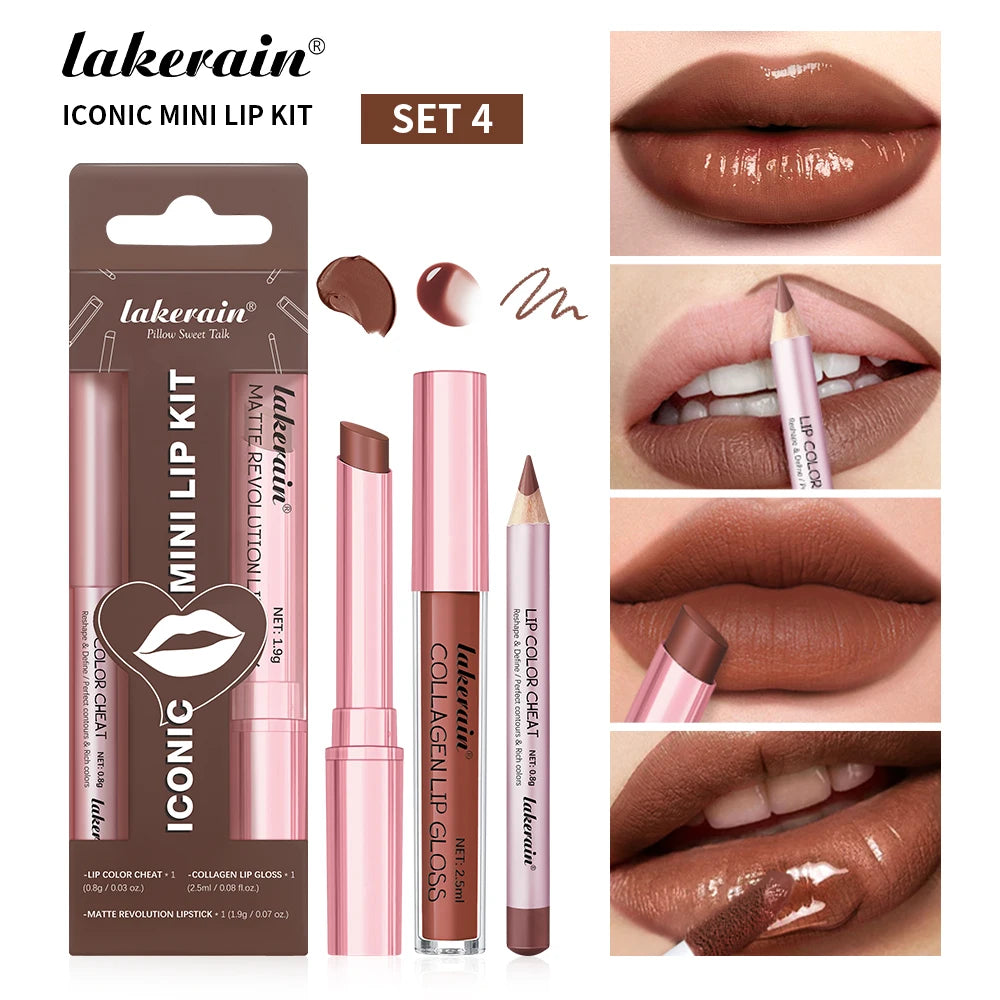 3pcs Lip Makeup Set Lip Liner Lip Gloss Lipstick Mirror Effect Beep Lips High Color Long-lasting Hydrates Travel Mini Set Oasis Select set 4