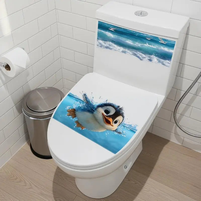 Waterproof Toilet Sticker Adorable Cartoon Penguin Seagull Underwater Print DIY Decal for Bathroom Toilet Lid Decor Oasis Select