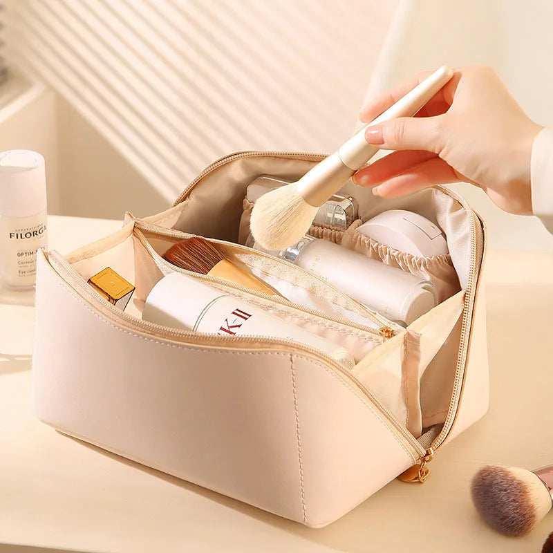 Large-Capacity Travel Cosmetic Bag Portable PU Makeup Pouch Women Waterproof Bathroom Wash Handbag Multi-functional Oasis Select white