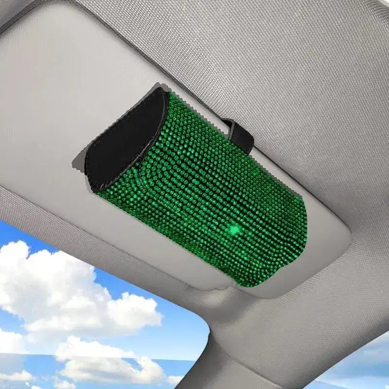 Bling Rhinestone Car Glasses Case Sunglasses Storage Box Crystal Auto Interior Accessories Sun Visor Organizer Glasses Holder Oasis Select Green
