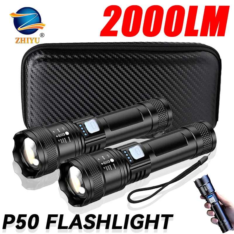 Tactical LED Flashlight 2000LM USB-C Rechargeable Zoomable Torch