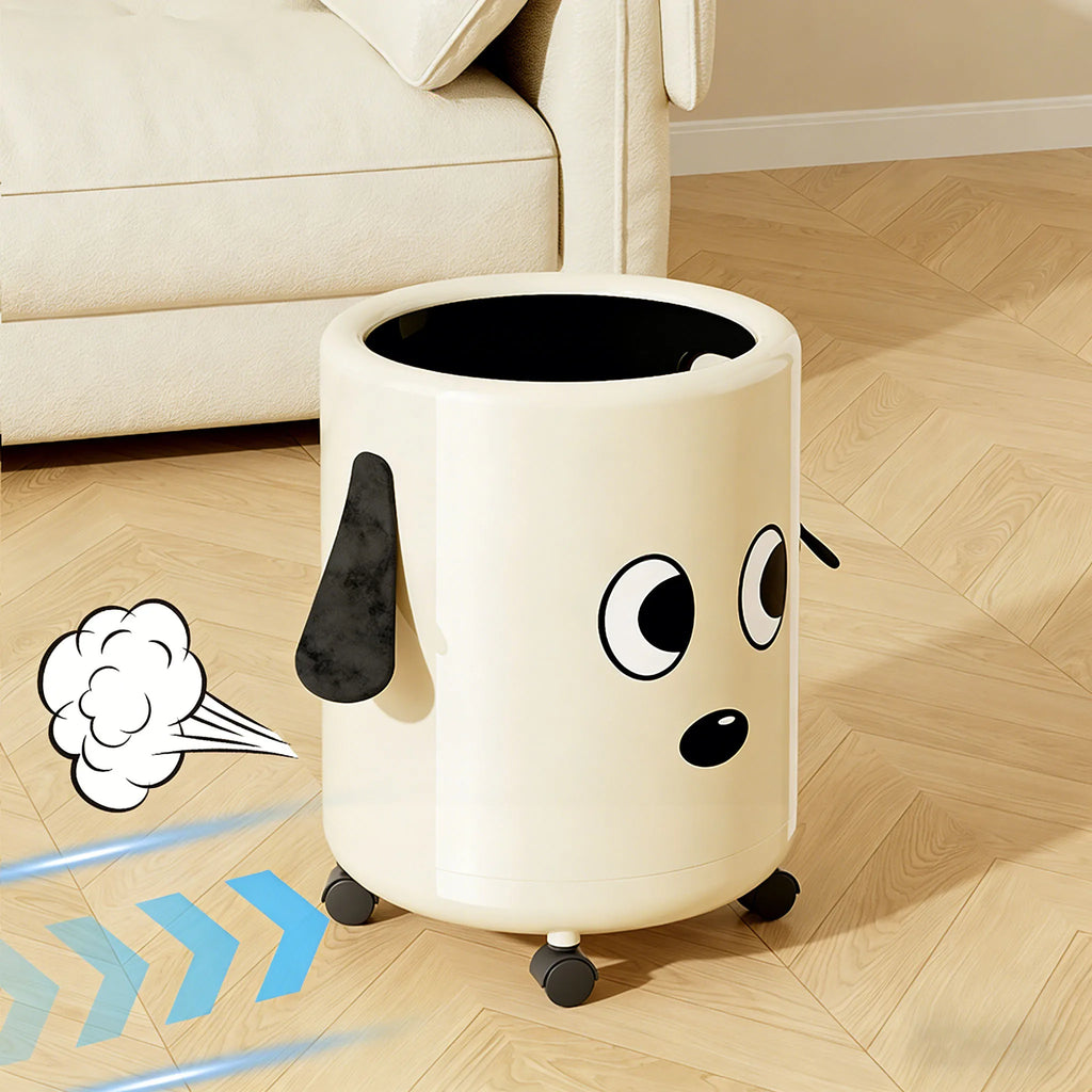 A trash can with wheels. Features a cute cartoon dog design. Practical and serves as a home decor item. Oasis Select