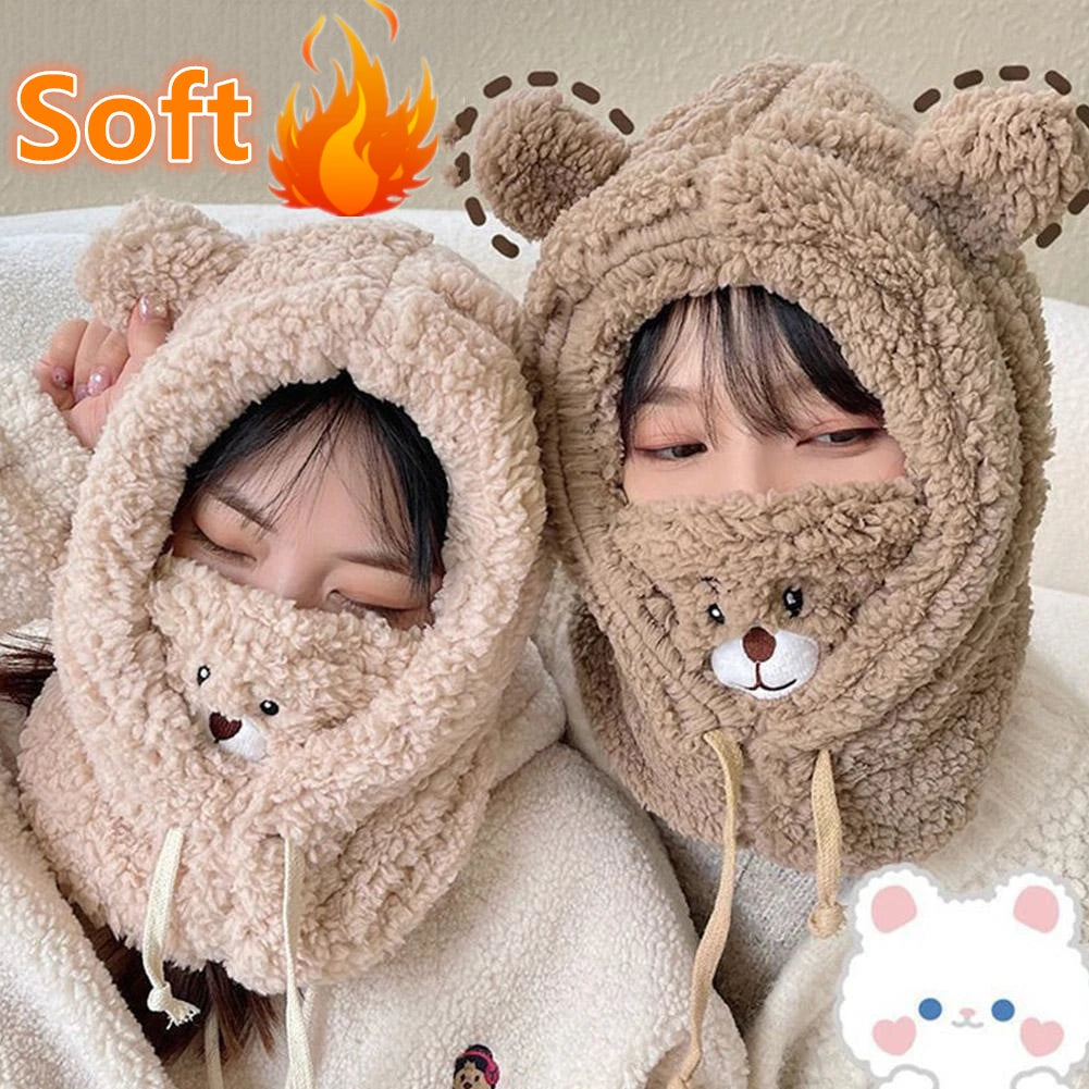 2025NEW Winter Cartoon Hat With Mask Bear Lamb Beanie Hats Warm Thickened Ear Protection Beanies for Women Girl Kawaii Oasis Select
