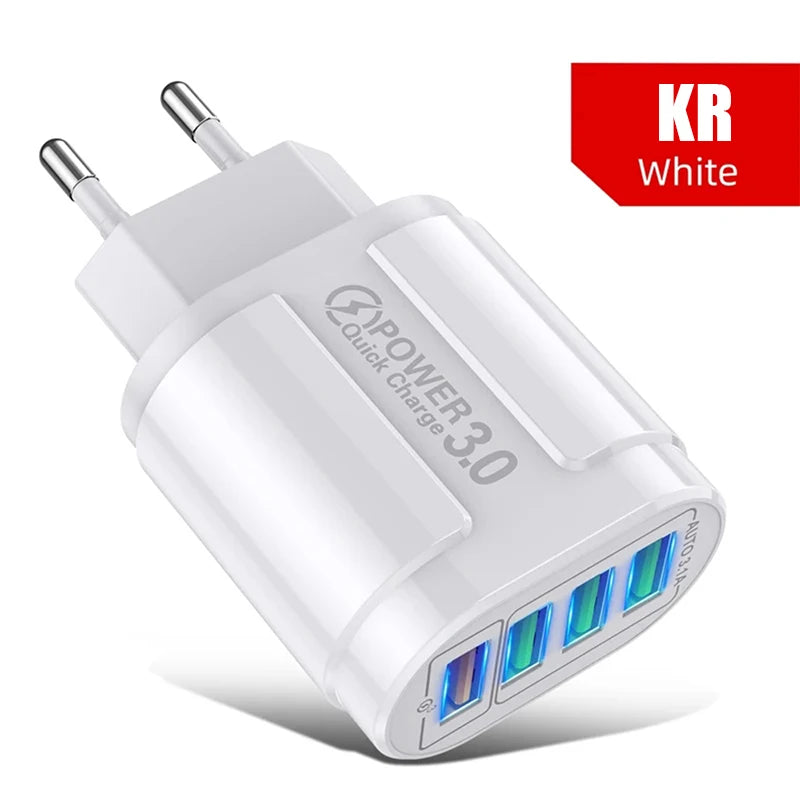 48W QC3.0 Quick Charger 4USB EU Standard Travel Portable 4 Port Fast Charging Suitable For Android iPhone Xiaomi Other Devices Oasis Select KR White