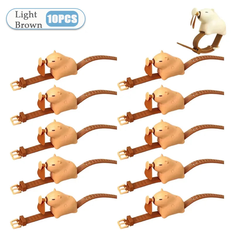 1-10PCS Cute Capybara Wrist Fan Portable Handheld Fan USB Rechargeable Silent Wearable Watch Style Cooling Gadget for Summer Oasis Select Light Brown-10PCS