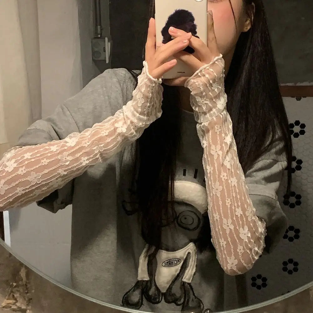 Summer Outdoor Breathable Sunscreen Sleeves Lace Mesh Ultra Thin Lace Arm Sleeves UV Protection Fingerless Long Gloves Girls Oasis Select