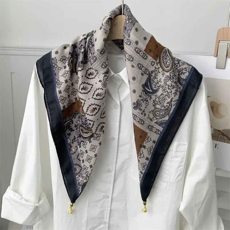 70x70 Retro Print Square Silk Scarf with Magnetic Buckle