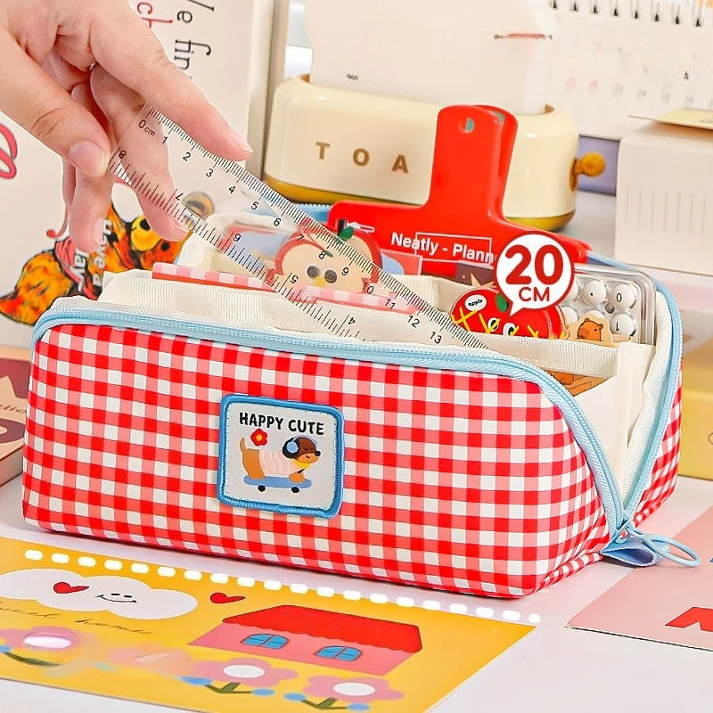 1PCs Cartoon Checkered Large Capacity Pencil Case Student School Desktop Storage Stationery Multi Layer Pen Bag Oasis Select