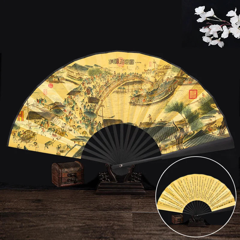 Ancient Folding Fan Chinese Scenic Spots Retro Classic Blank Fan Craft Silk Cloth Fan For Decoration Performance Gift Idea Oasis Select C