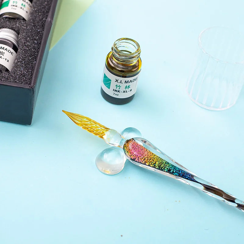 Star glass pen dipped in fountain pen gift box gold powder color ink set for students, net red Tiktok creative gift pen Oasis Select