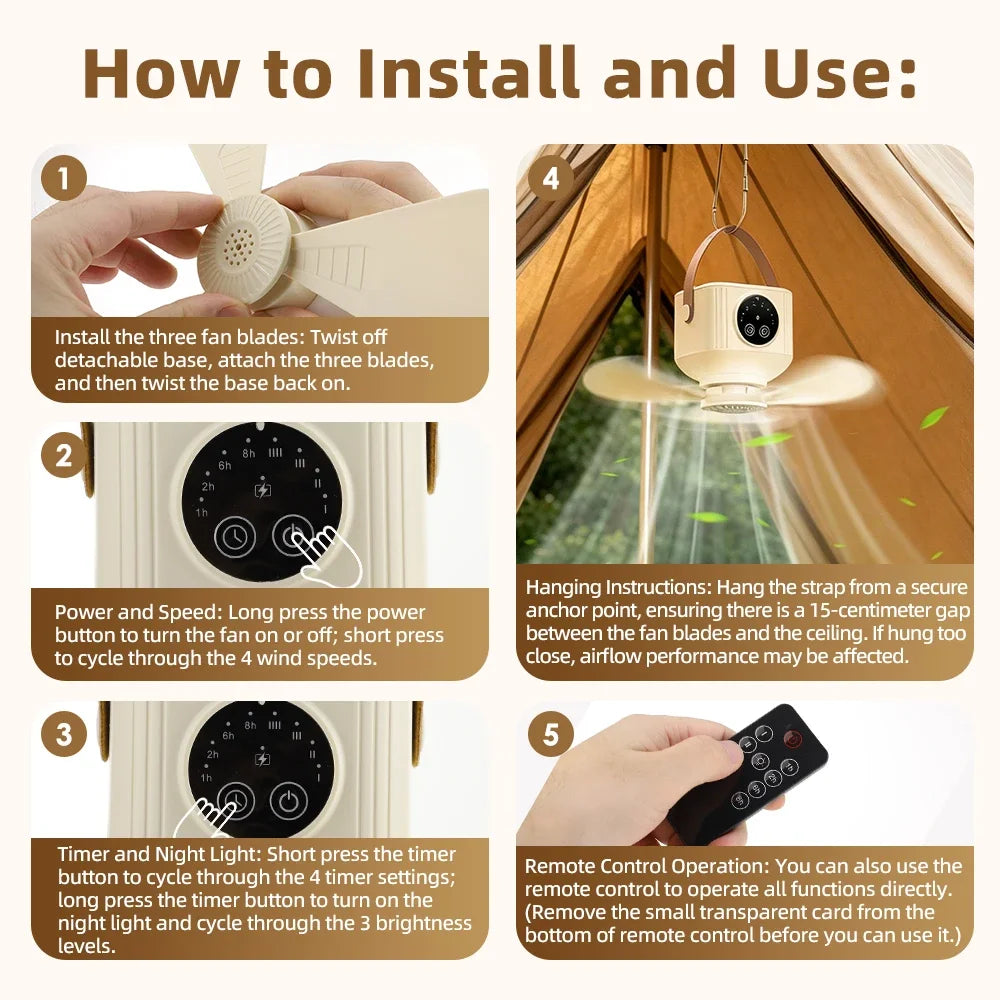 AFDEAL Portable Ceiling Fan 7200mAh Rechargeable LED & Remote