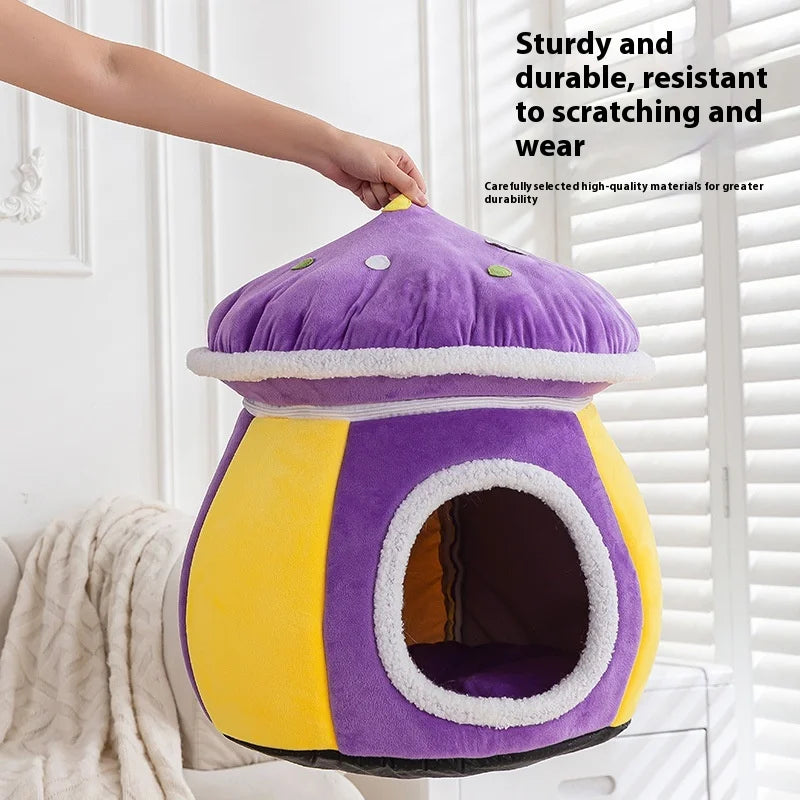 Mushroom Cat Bed Thickened and Warm in Winter, Rabbit Plush Detachable and Washable Pet Bed, Round Bed Small Dog Bed Products Oasis Select