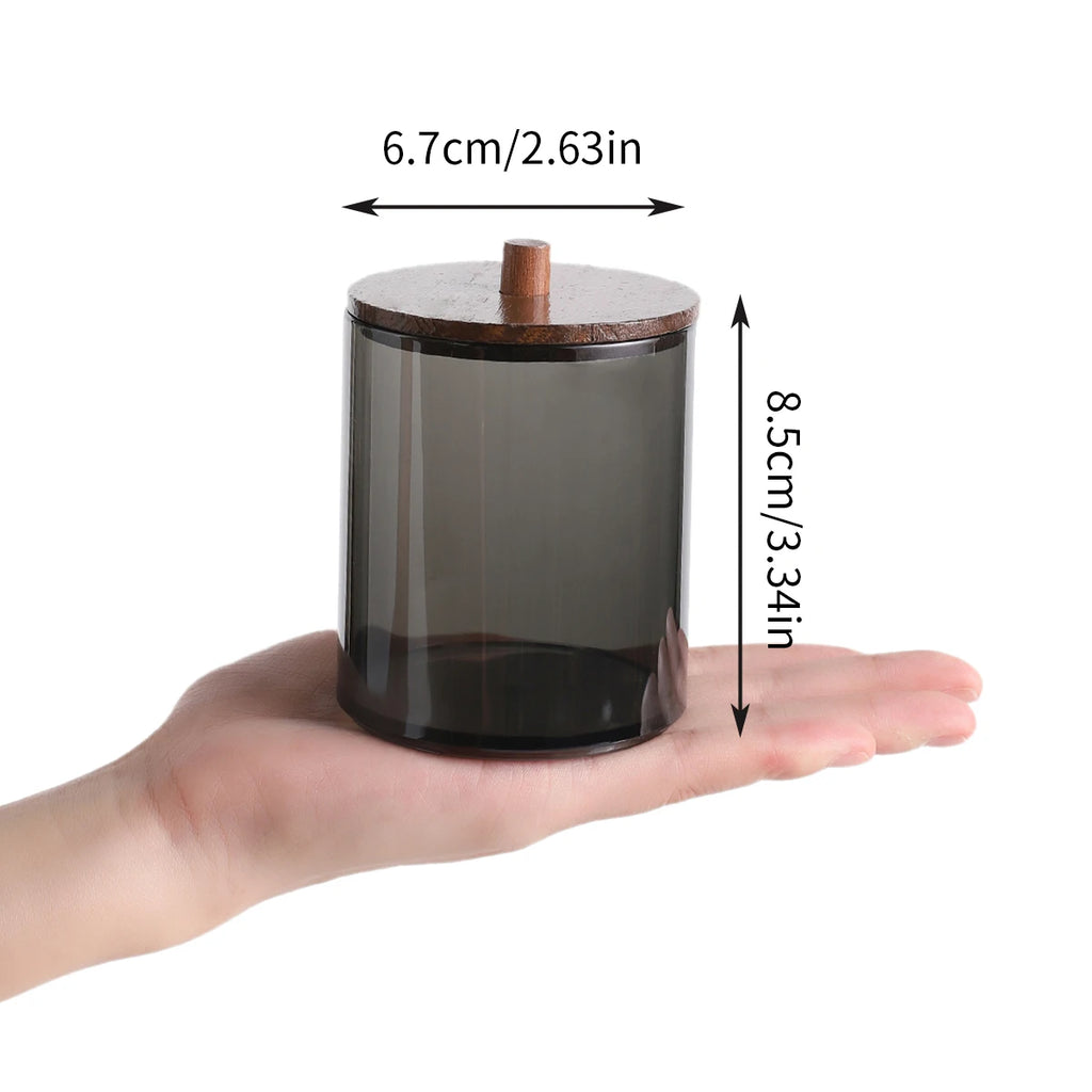 4 Piece/Set Cotton Swab Holder, Black Cups with Walnut Stained Wood Lids Pill Jar Containers, Cotton Swabs, Dental Floss Oasis Select
