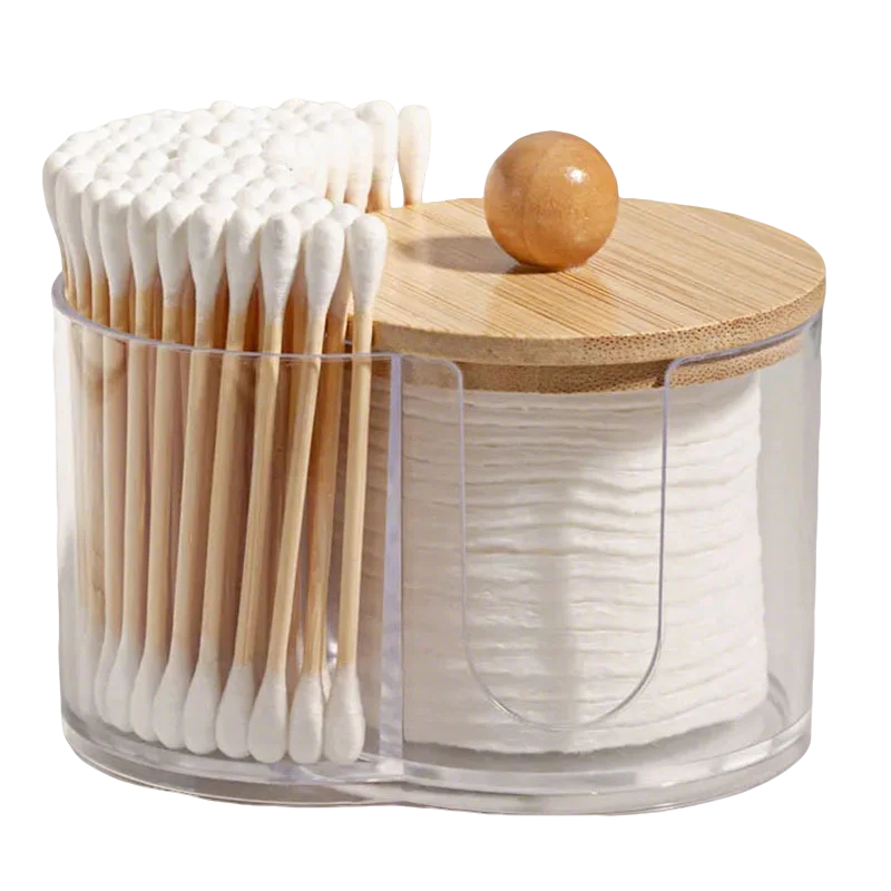 2-in-1 Clear Cotton Pad Swab Organizer Bamboo Lid Dual Compartment Space Saving Bathroom Vanity Storage Box with Bamboo Cover Oasis Select transparent