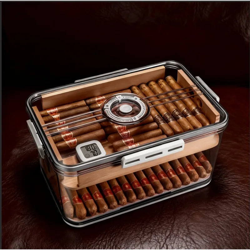 Cigar Box with Alcohol Nourishing Transparent Built-in Hygrometer Sealed Cigar Moisturizing Box Large-capacity Storage Oasis Select