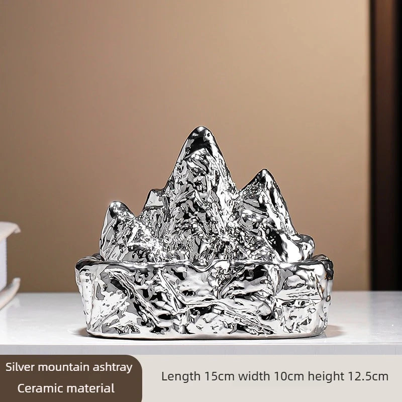 Mid Ancient Style Ceramic Rockery Ashtray Home Office Coffee Table Large Size with Cover Anti Ash Flying Ornament Oasis Select silver