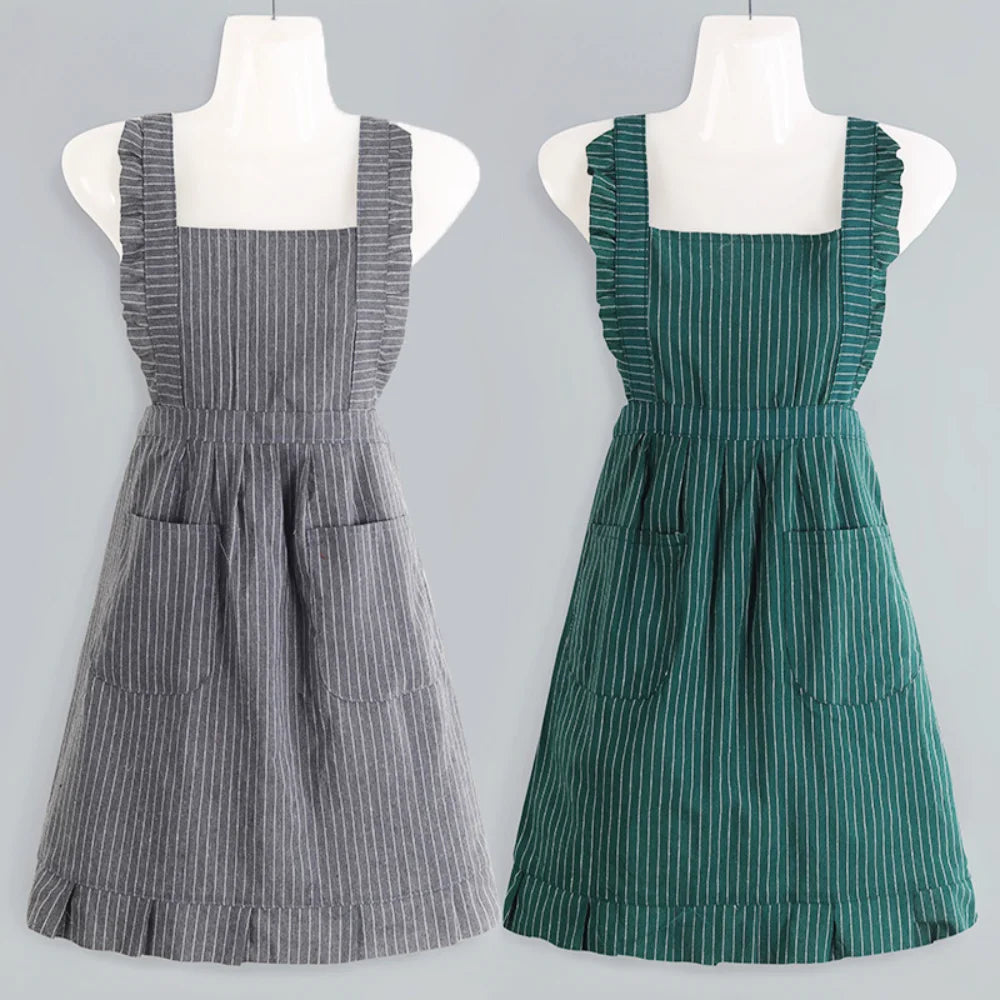 Japanese Korean Cute Lovely Cotton Kitchen Ruffled Aprons, Vintage Baking Apron with Pockets for Chef Cooking Baking Gardening Oasis Select