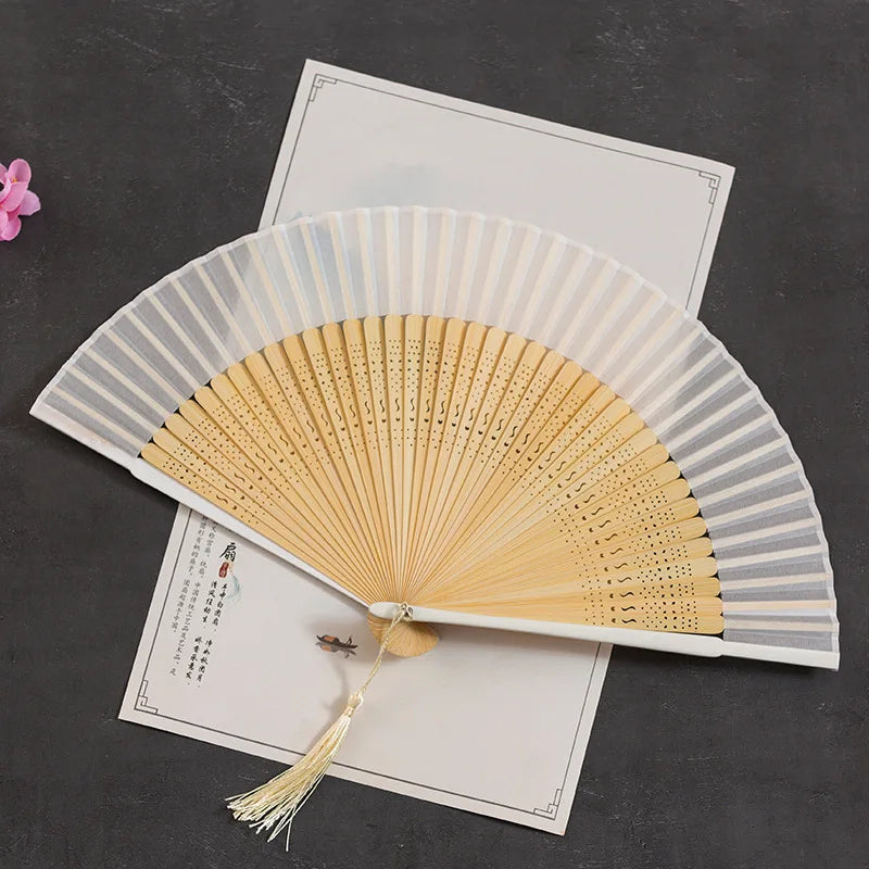 Chinese Style Folding Folding Fan Change Color With Tassel Dance Fan Silk Cloth Bamboo Summer Oasis Select White