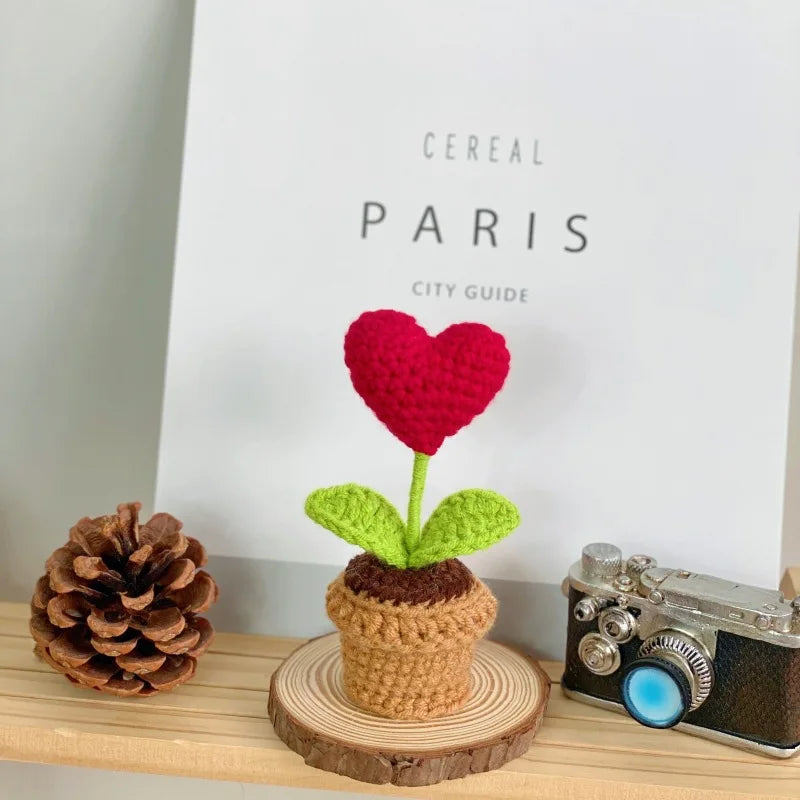 Handmade Knitted Flower Pot Red Heart Shaped Knit Imitation Potted Plant for Mother's Day Gifts Home Desktop Decor Oasis Select B