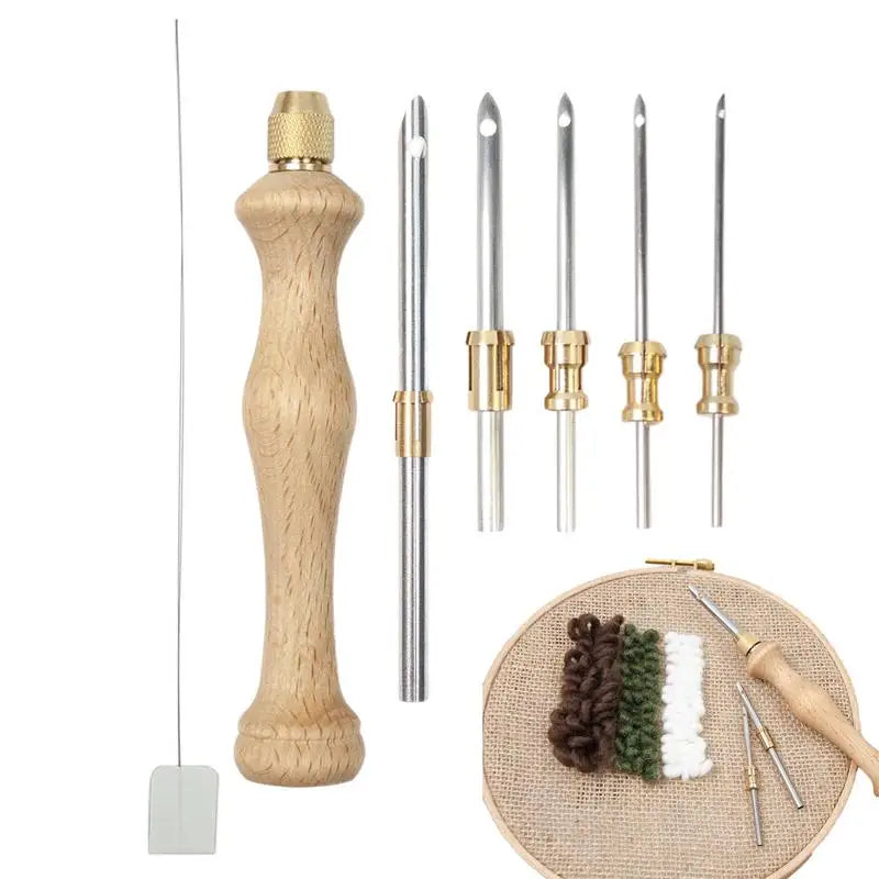 Punch Needle Kits Wooden Handle Punch Pen Embroidery Tools 5/3.5/2.5/2/1.6mm Needles Hooking Tool Kits for Embroidery Floss Oasis Select
