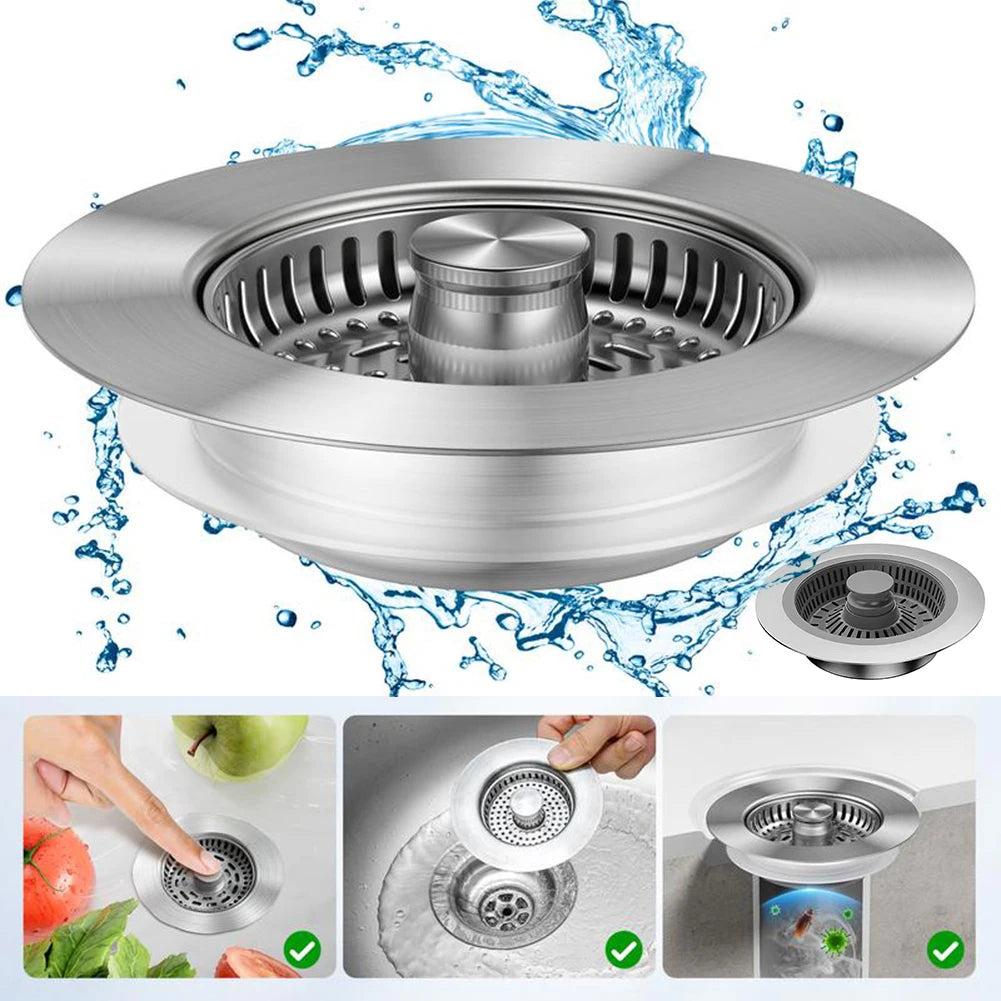 3-in-1 Stainless Steel Kitchen Sink Drain Strainer & Stopper