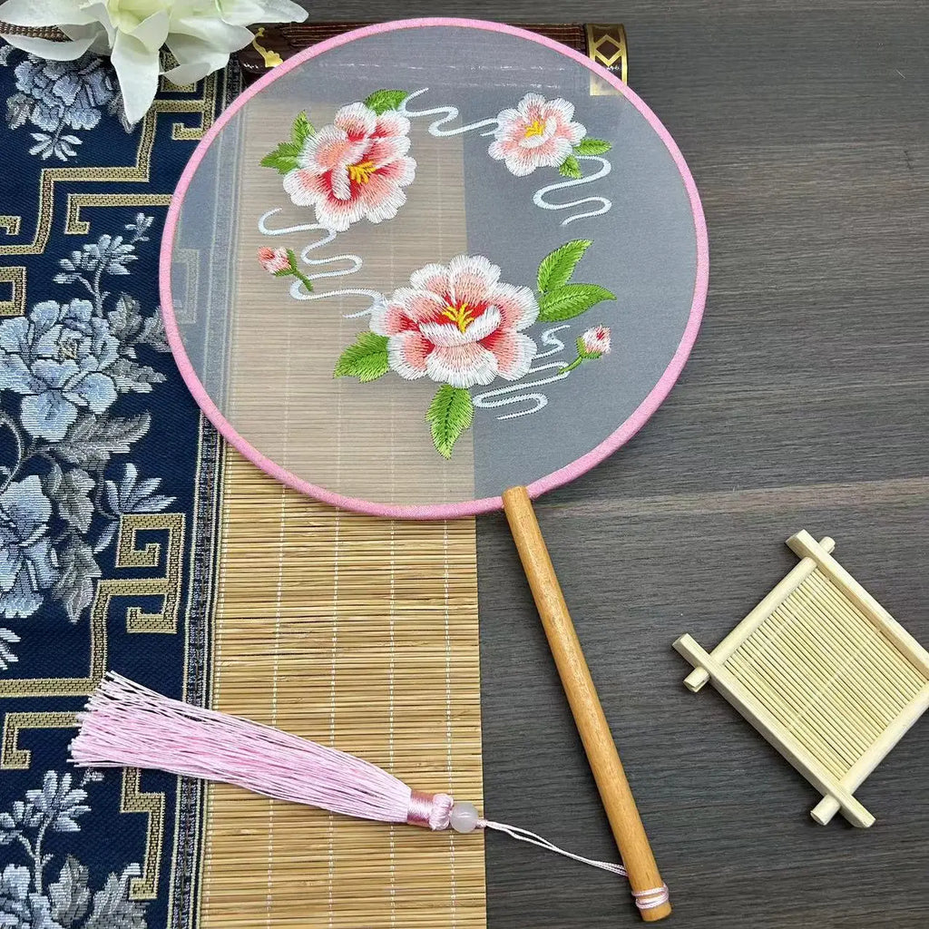Chinese Style Classical Embroidery Group Fan Gifts Cheongsam Catwalk Photo Props Stage Performance Show Dance Party Round Fan Oasis Select Three Pink Pe